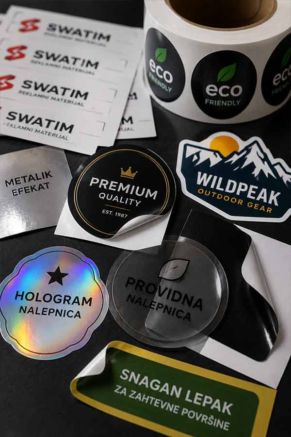 Različite vrste štampanih nalepnica i stikera sa providnim, metalik, holografskim i konturno sečenim materijalima