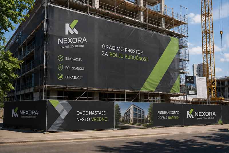 Profesionalno brendirano gradilište sa grafikom na skeli, ogradama i reklamnim površinama
